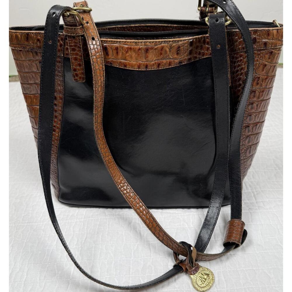 Brahmin Black & Brown Croc Embossed Leather Tote Shoulder Bag Gold Medallion